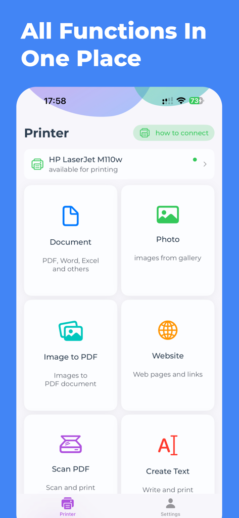 AirPrinterSmart - print app - Main dashboard of the AirPrinterSmart app showing features like document and photo printing, scanning to PDF, and website printing.