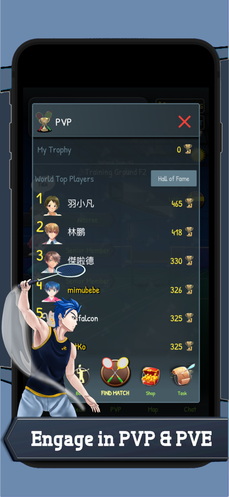 BattleCross Badminton Card RPG - BattleCross Badminton Card RPG PVP leaderboard screen displaying top player rankings and trophy counts