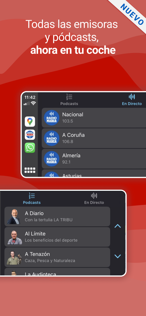 Interface do aplicativo móvel Radio MARCA para integração em carros, mostrando estações ao vivo e podcasts esportivos