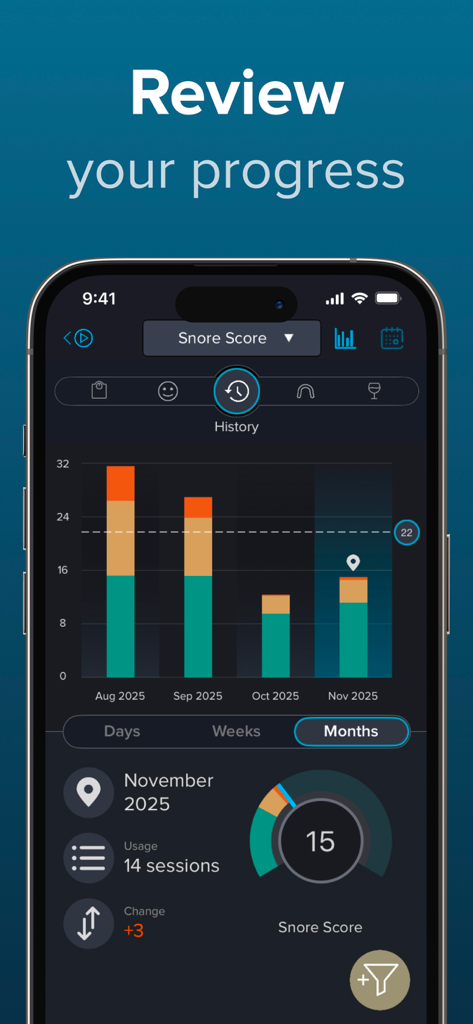 SnoreLab app interface showing a bar chart of monthly snore score progress