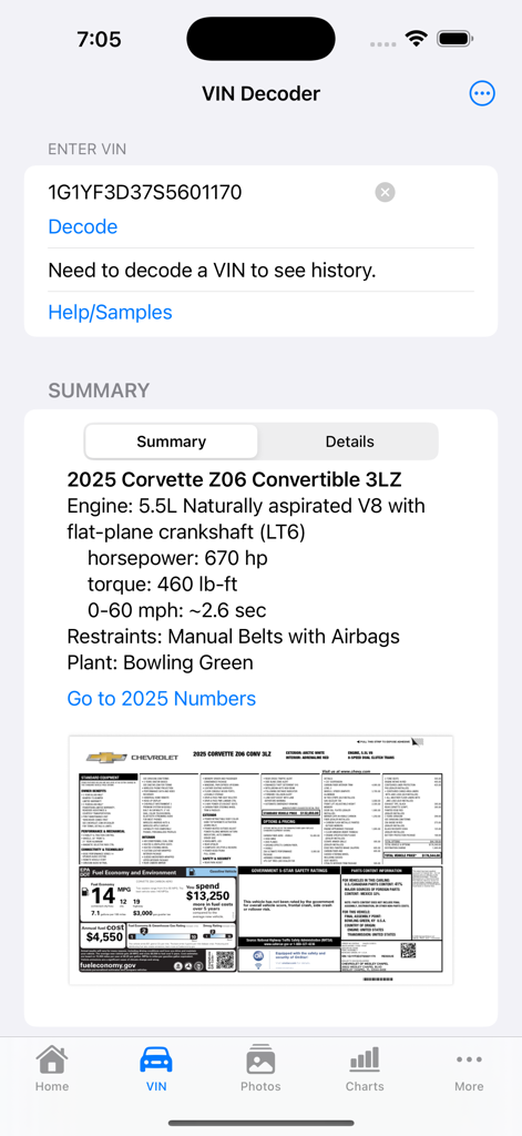 Vette Pocket Guideアプリに表示された2025年型コルベットZ06のVINデコーダー結果（エンジン仕様とウィンドウステッカーを含む）