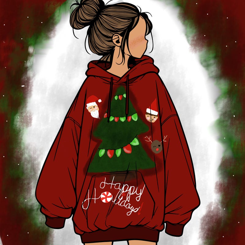 realistic girl with a oversized sweatshirt on and a bun