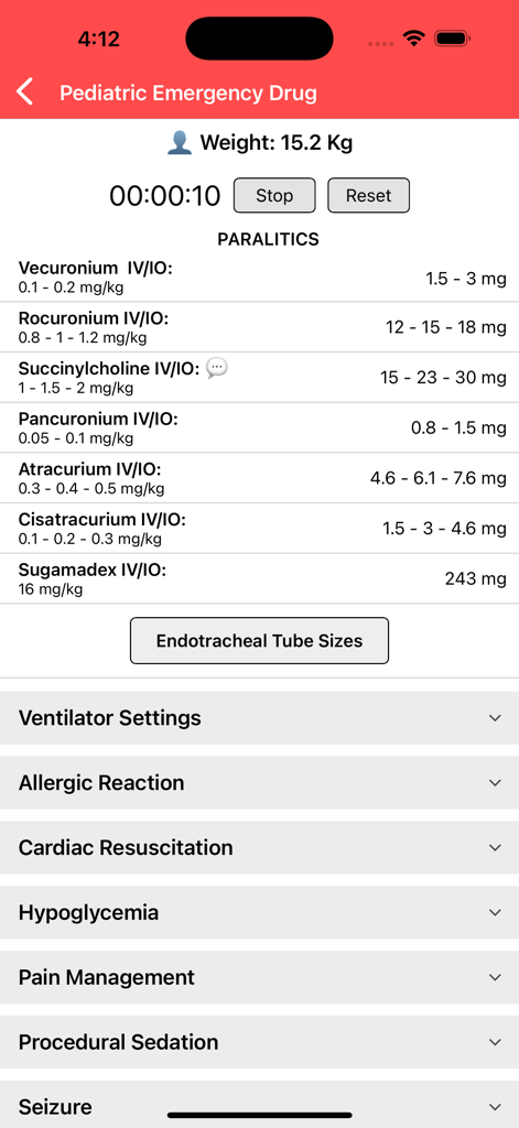 Pediatric emergency drug calculator interface showing weight-based paralytic dosages for a 15.2 kg patient