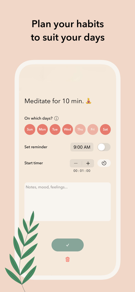 Eden: Daily Self Care Routine - Edenのミニマリストなモバイルアプリ画面で、10分間の瞑想習慣の設定、スケジュール設定、リマインダーオプションを表示