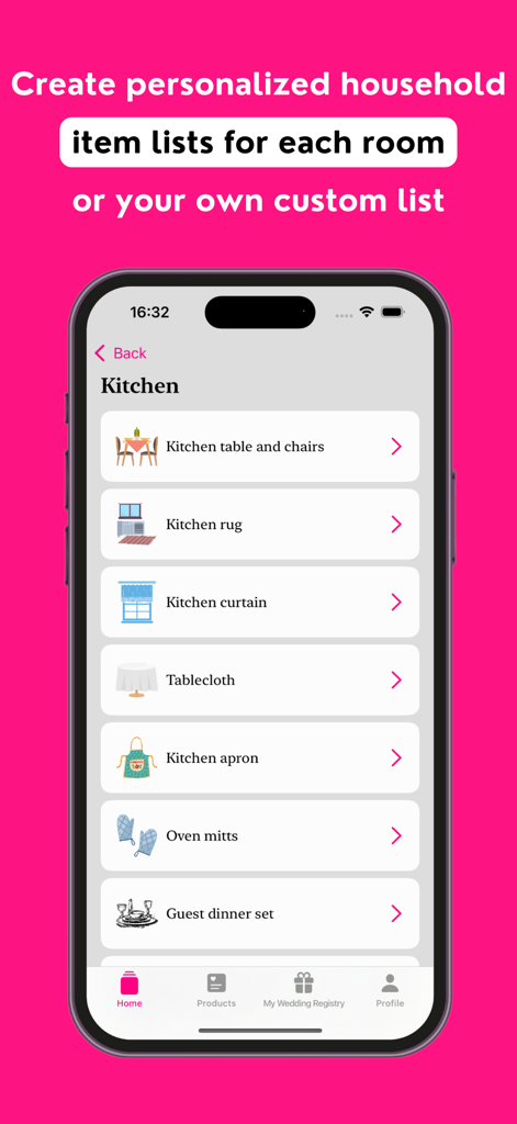 MeMarry: Wedding Planner - MeMarry app screen showing a personalized kitchen household items checklist for a wedding registry