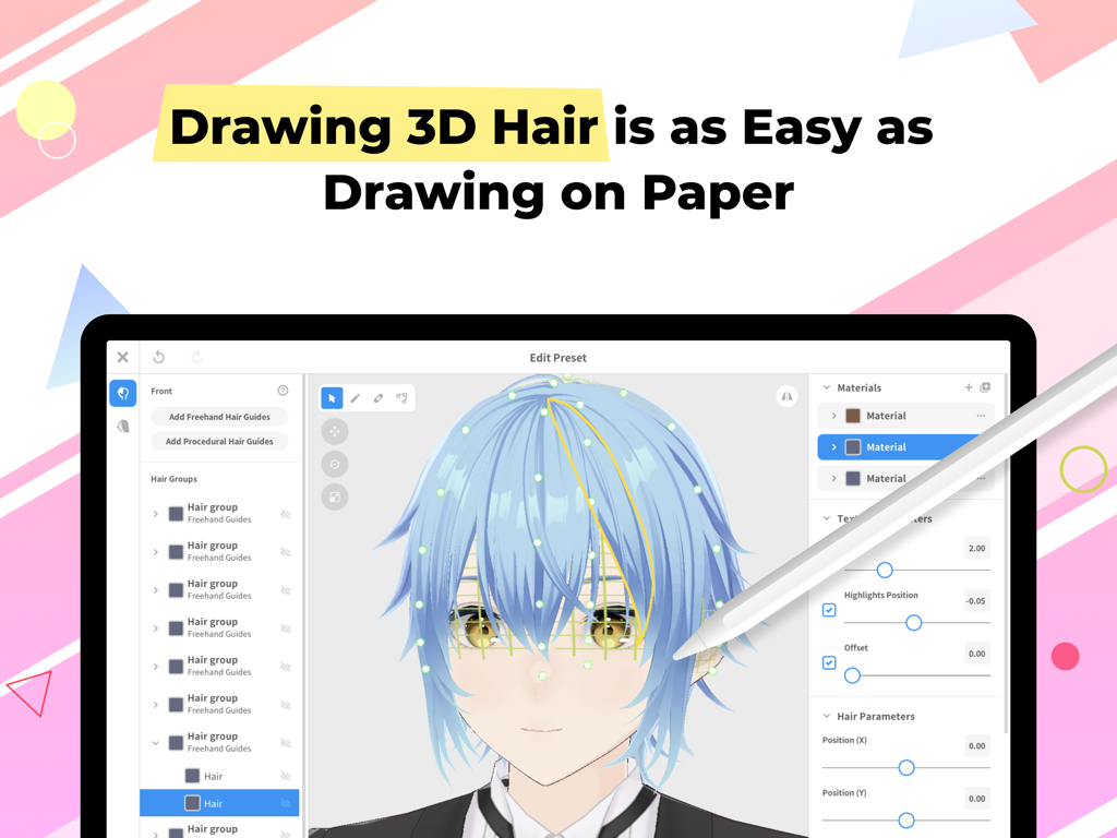 A user designing 3D anime character hair on VRoid Studio for iPad using an Apple Pencil