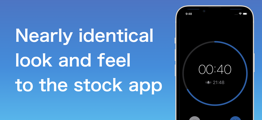 Vibrating Alarm Clock & Timer - Interfaz de la aplicación Reloj Despertador Vibratorio que muestra un temporizador con una barra de progreso circular y texto que indica que tiene un aspecto y una sensación similares a la aplicación estándar de iOS.