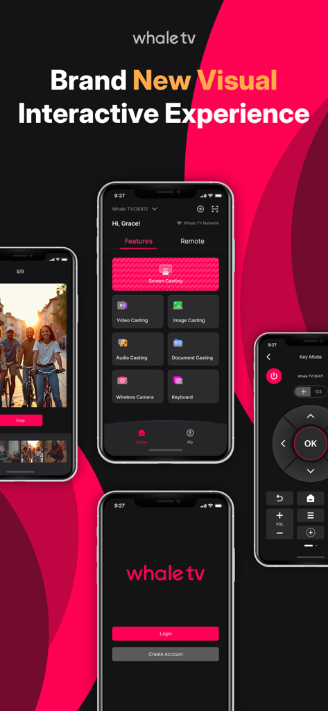 Whale TV app - Whale TV app mobile interface showing casting features and remote control modes