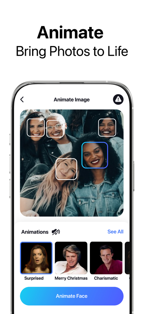 Pixelup: AI Photo Enhancer App - Screenshot der Pixelup-App-Oberfläche, die die Funktion Gesichter animieren mit verschiedenen Ausdrucksoptionen wie überrascht und charismatisch zeigt