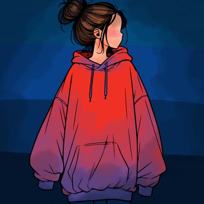 realistic girl with a oversized sweatshirt on and a bun