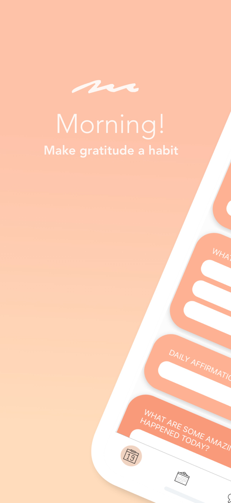 Morning! - Gratitude Journal - Der Startbildschirm der Morning! Dankbarkeitstagebuch-App mit täglichen Wellness-Anregungen und einer Pfirsich-Ästhetik.