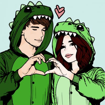 realistic couple wearing matching dinosaur onesies with heart hand gesture