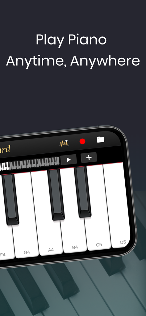Smartphone screen showing a virtual piano keyboard with the text Play Piano Anytime Anywhere