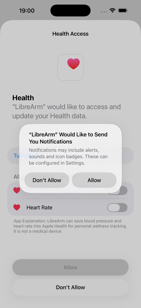 LibreArm requesting health data access and notifications on an iPhone