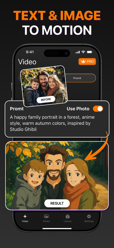 VideoVerse - AI Effects - VideoVerse mobile app interface showing a family photo transformed into an anime style illustration using an AI text prompt