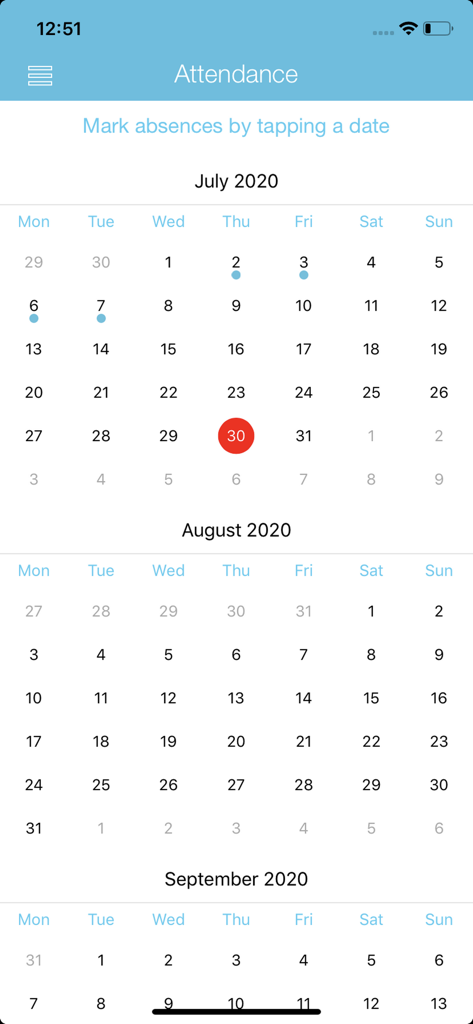 Kindiedays Family - Kindiedays Family app attendance screen showing a monthly calendar view to mark child absences.