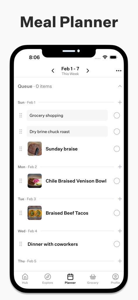 Cook Well - For Home Cooks - Cook Well app weekly meal planner interface showing scheduled recipes and tasks