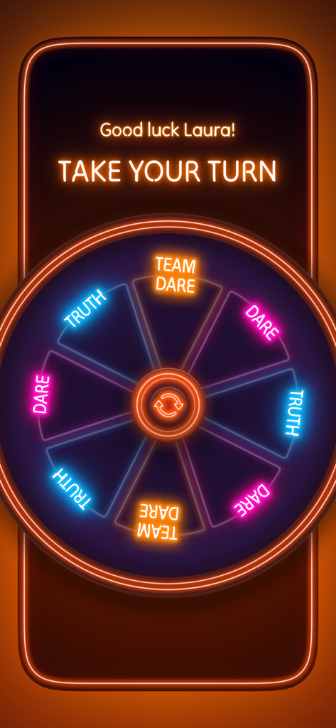 Una ruota spinner al neon nell'app Spinner Party con opzioni per Verità, Obbligo e Sfida di Squadra.