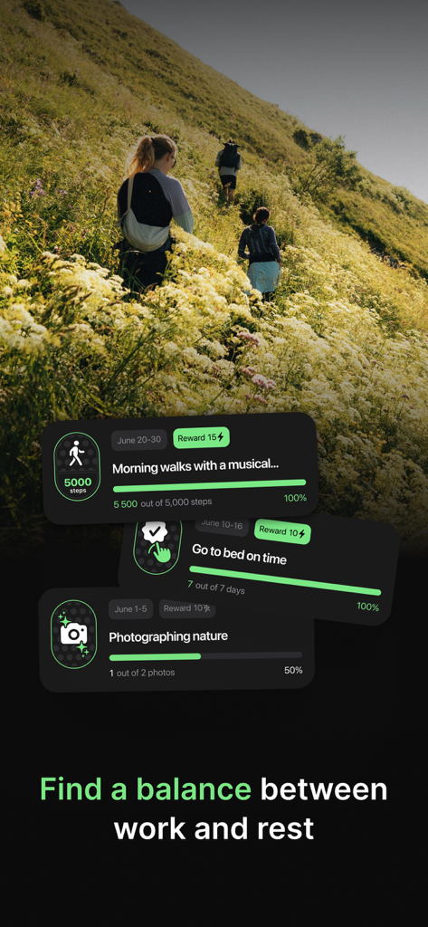 Stayfitt - Stayfitt Mobile App-Oberfläche zeigt Karten zur Gewohnheitsverfolgung für Gehen und Schlafen vor einem Hintergrund von Wanderern.