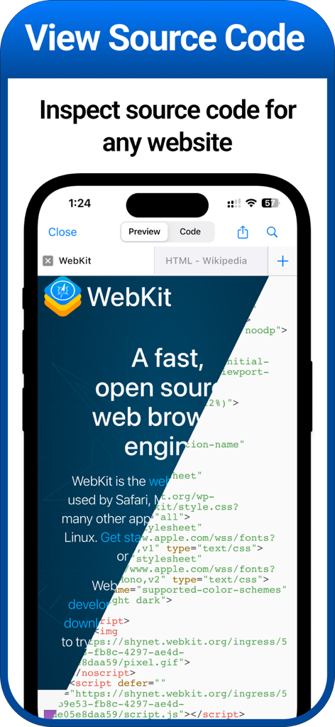 HTML Viewer: View Source - Interfaz de aplicación móvil mostrando una vista previa de un sitio web y su código fuente HTML subyacente lado a lado