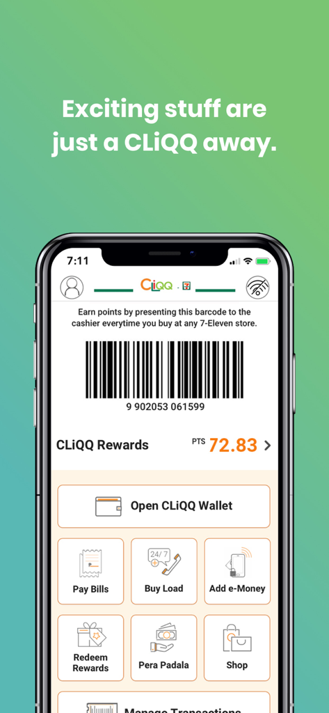 CLiQQ Every Day Rewards app dashboard showing loyalty barcode and digital wallet features