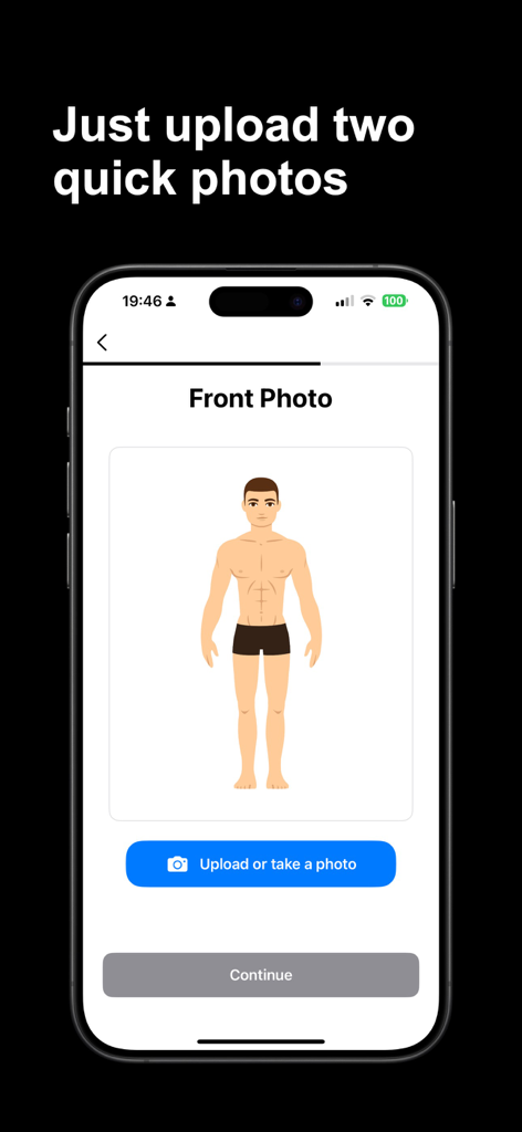 Vscale app screen for uploading a front physique photo for AI body scanning analysis