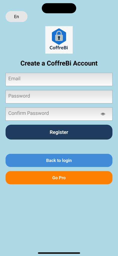 CoffreBiアプリの登録画面。安全なローカル暗号化アカウントを作成するためのメールとパスワード入力フィールドがあります。