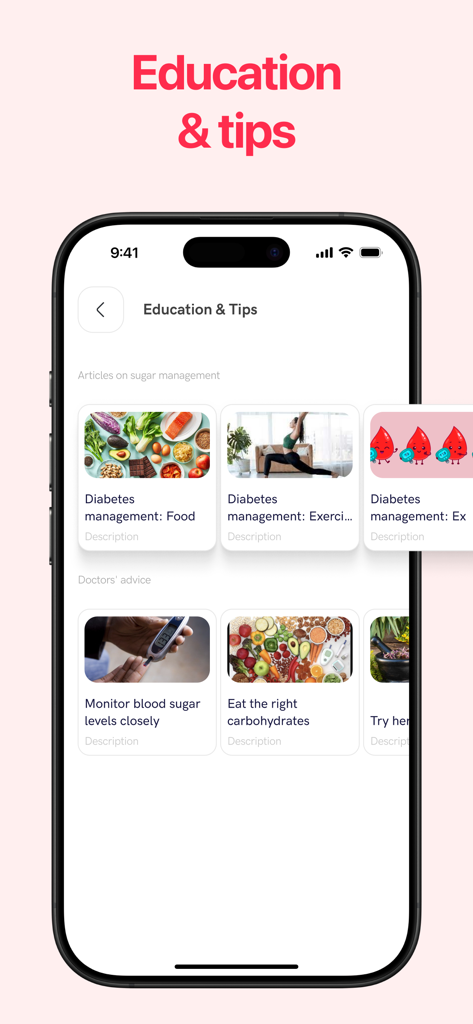 Pantalla de educación y consejos dentro de la aplicación rastreadora de azúcar en sangre que muestra artículos de salud