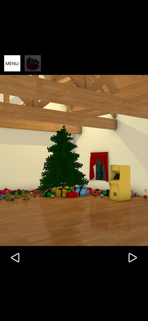 Cozy room with a Christmas tree, gifts, and a yellow arcade machine in a holiday escape game.