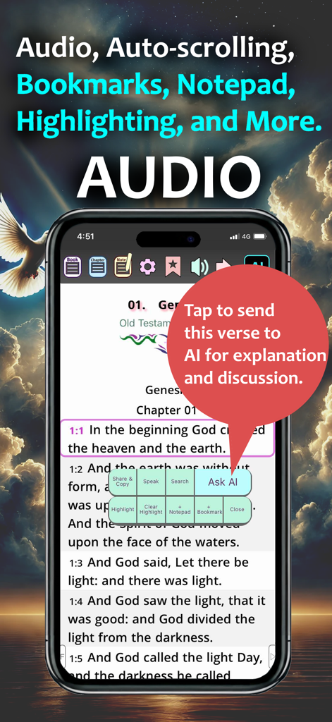 Bible & AI: KJV with Apocrypha - A mobile interface for a Bible study app featuring KJV text with options for audio playback and an AI-powered verse explanation tool.