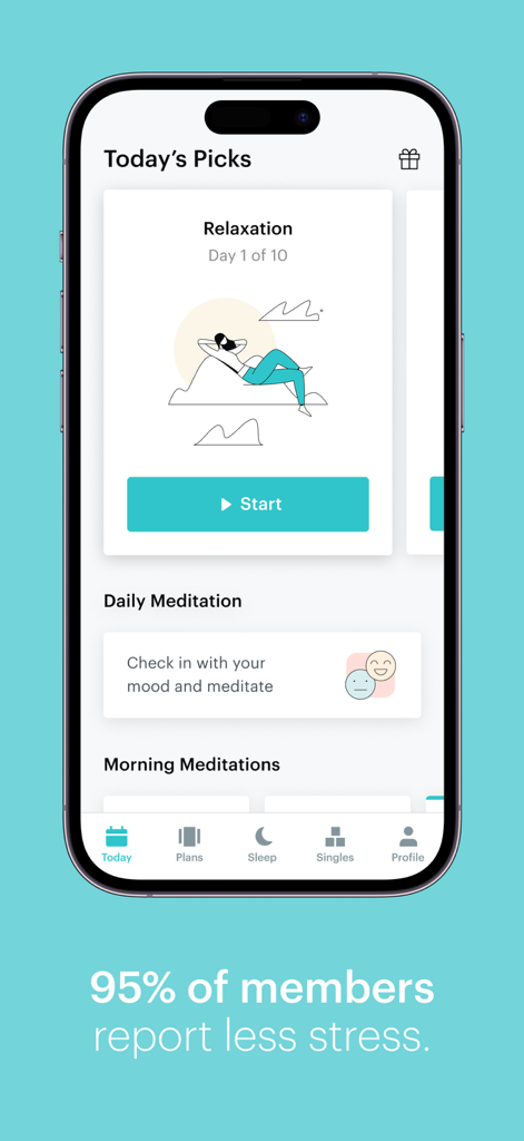 Balance: Meditation & Sleep - Balance app Today's Picks screen showing a relaxation plan and mood check-in.