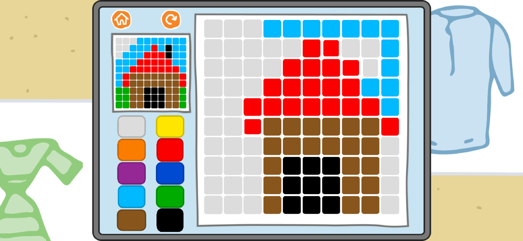A digital mosaic puzzle game where children color a house using square blocks.