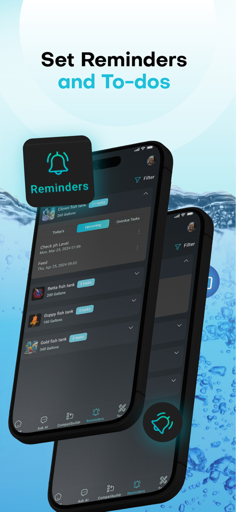 Aquabuildr - Aquabuildr mobile app interface showing reminders and to-do lists for multiple aquarium tanks