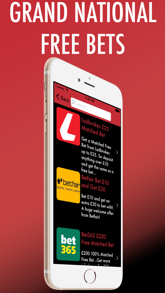 iPhone screen showing various horse racing free bet offers from bookmakers like Ladbrokes and Betfair