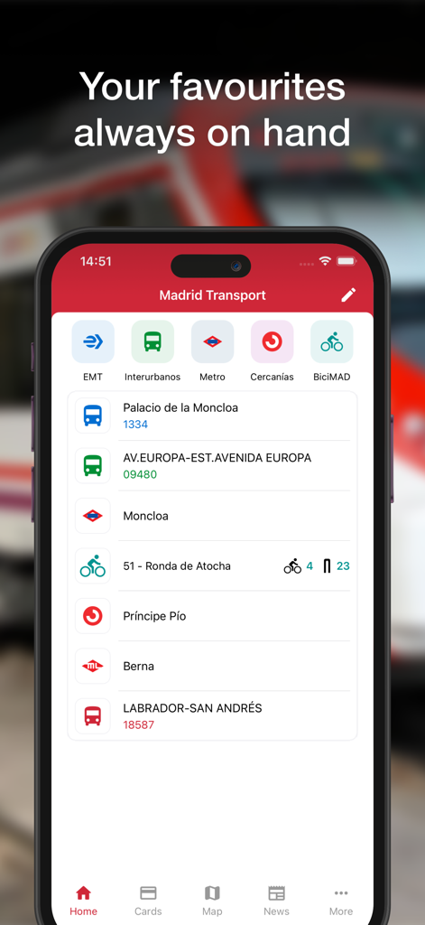 Madrid Transport app home screen showing a list of favorite public transit stops for bus metro and train