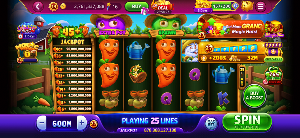 DoubleU Casino Vegas Slots farm themed slot machine featuring animated carrot symbols and jackpot rewards