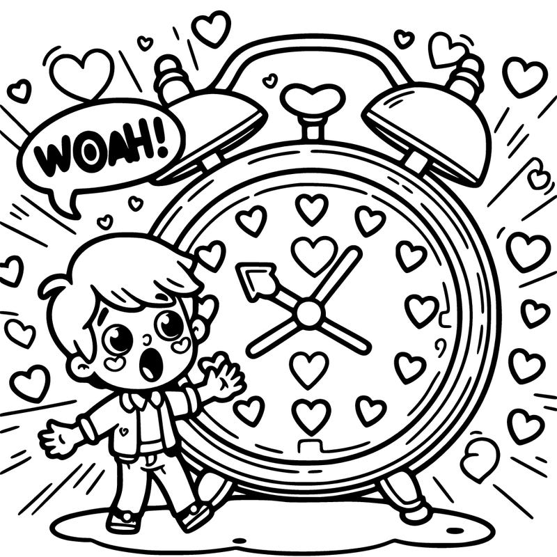 a clock with hearts on it with a kid saying woah