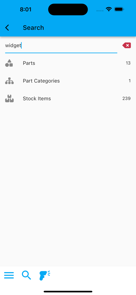 InvenTree-Mobil-App-Suchbildschirm mit Inventurergebnissen für Teile und Lagerartikel