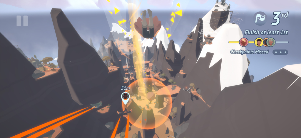 Laya's Horizon - Character gliding through mountains in a wingsuit during a competitive race in Layas Horizon