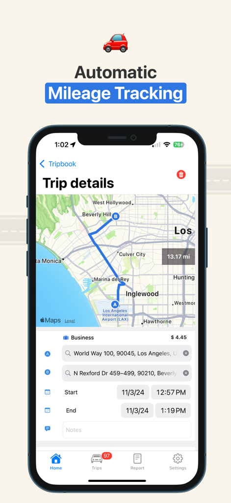 Mobile app interface showing a tracked business trip on a map with distance and time details for tax deduction purposes