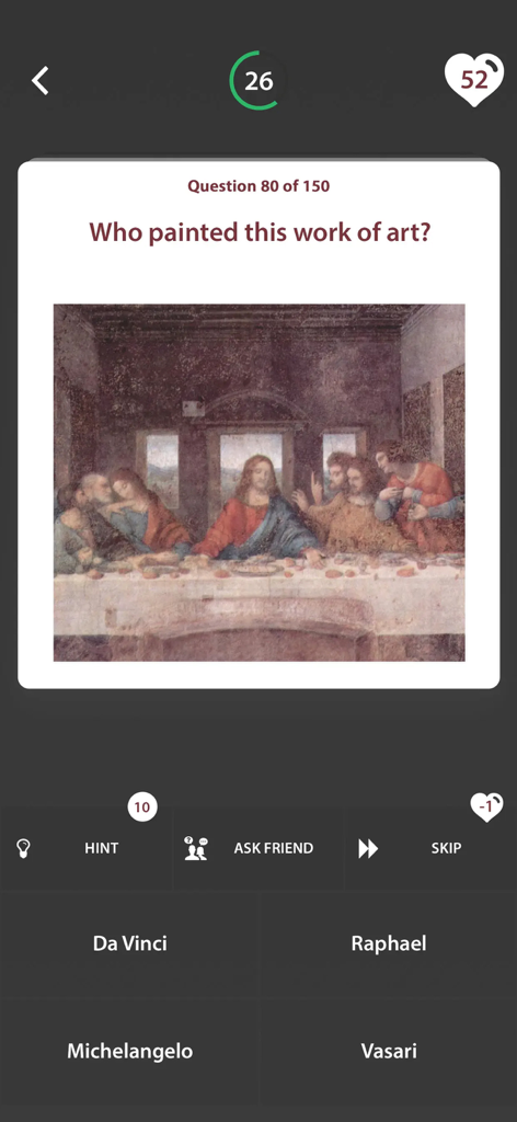 Art Challenge: Quiz Game - Una pantalla de móvil mostrando una pregunta de trivia de historia del arte sobre el pintor de La Última Cena con opciones de respuesta múltiple como Da Vinci y Rafael.