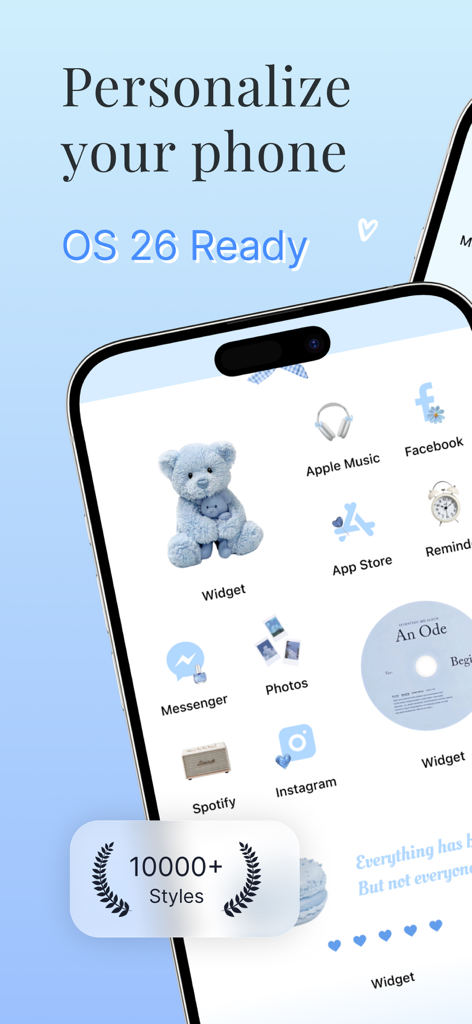 Aesthetic blue iPhone home screen with a cute teddy bear widget and custom app icons