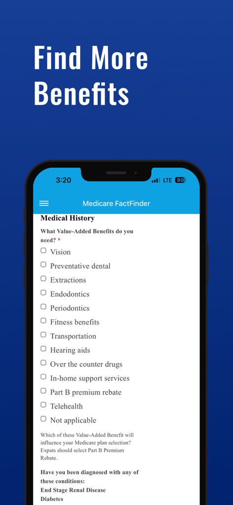 A mobile screen from the Medicare PlanFinder app showing a checklist of value-added benefits like dental, vision, and telehealth.