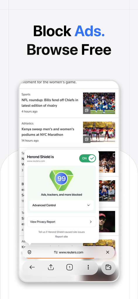 Herond Private Adblock Browser - Herond Browser interface showing active ad blocking shield on a news website.