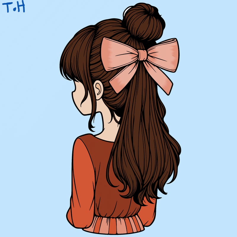 realistic girl  with hip length hair a bun and a big bow on the back of head