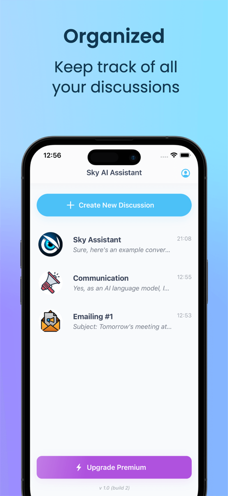 Sky AI - Sky AI app interface showing a list of organized chat discussions including Sky Assistant, Communication, and Emailing categories.