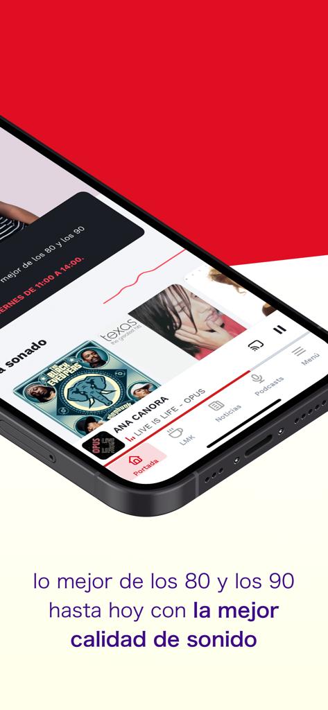 KISS FM - Smartphone displaying the KISS FM app with music from the 80s and 90s.