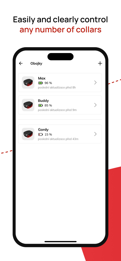 Pet_tracker - Interfaz de la aplicación Pet tracker que muestra una lista de varias mascotas con el estado de la batería de sus collares inteligentes y las últimas horas de actualización.