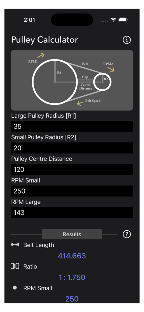 Pulley Calculator app screen showing belt length and RPM ratio calculations for a mechanical pulley system.