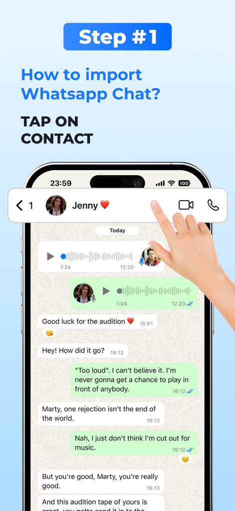 Chat Backup Restore - Tutorial screen showing how to import a WhatsApp chat by tapping on a contact profile
